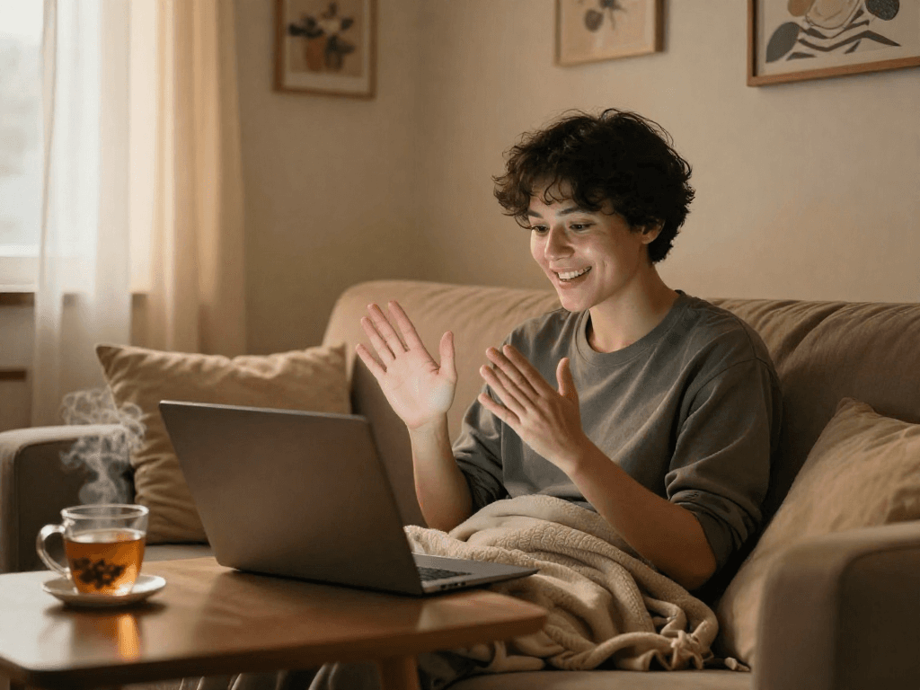 Engaging ai sex chat experience in a cozy room with warm lighting.