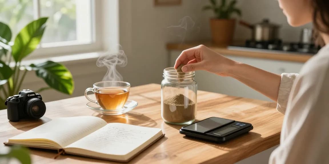 Preparing premium kratom powder at home, with a calming wellness atmosphere and herbal tea.