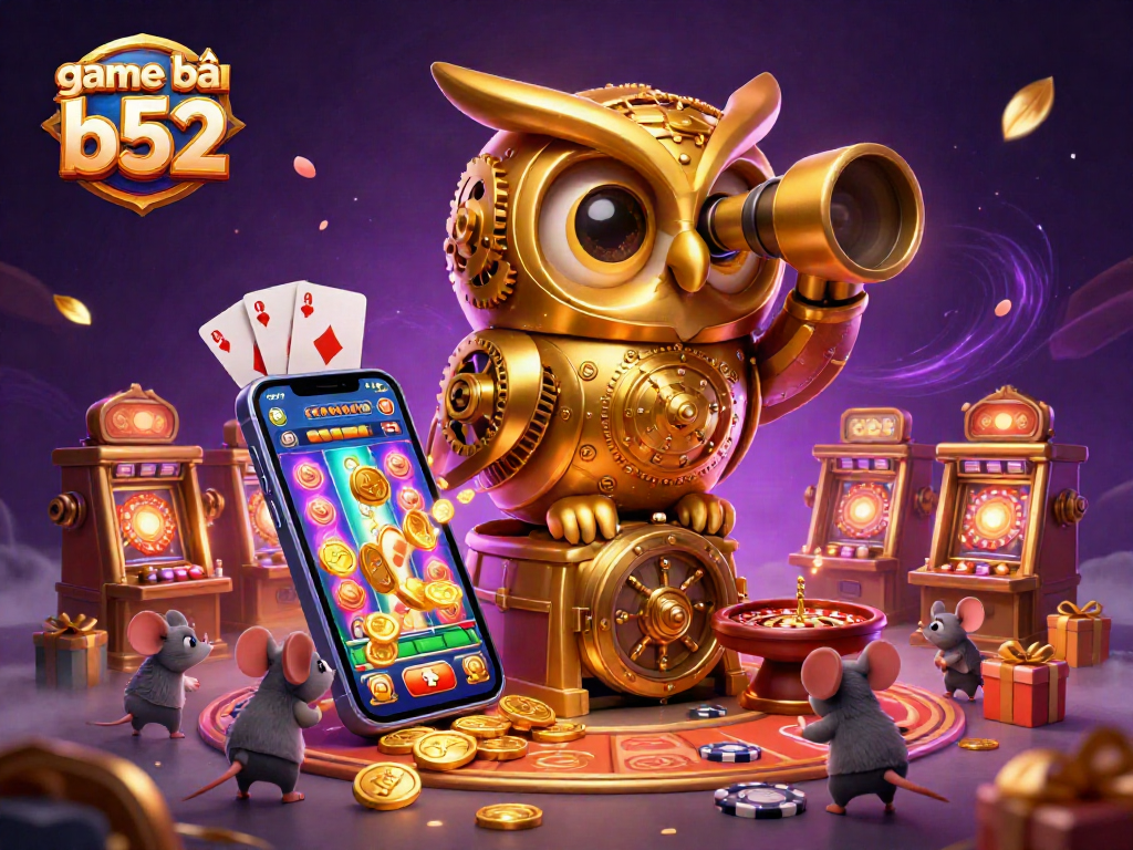 Engage with game bài b52 through this 3D illustration of a golden owl on a casino vault amidst vibrant game elements.