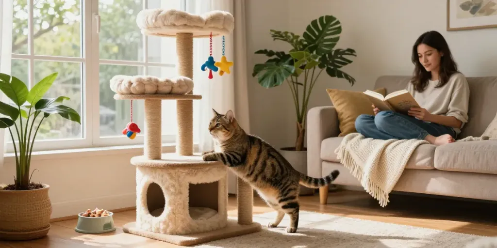 Cuddly tabby cat playing on a stylish cat tree, showcasing various levels and cozy spots in a bright living room.