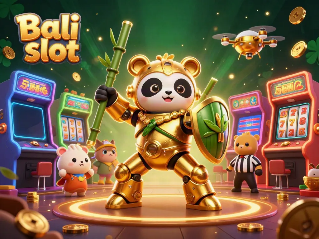 Experience the excitement of Bali slot in this dynamic casino arena scene featuring a golden panda and engaging gaming elements.