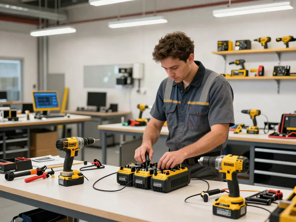 Using the dewalt 4 port charger in a professional workshop to power multiple batteries.