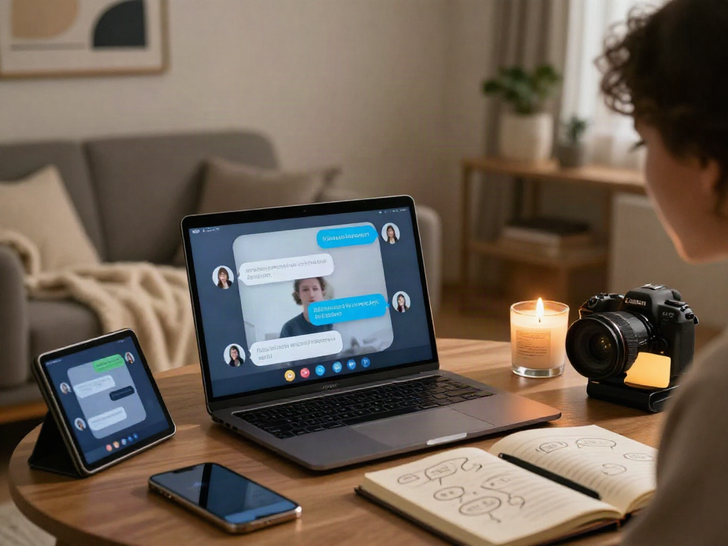 User enjoying ai sex chat in a cozy room, featuring an interactive chat interface on laptop.