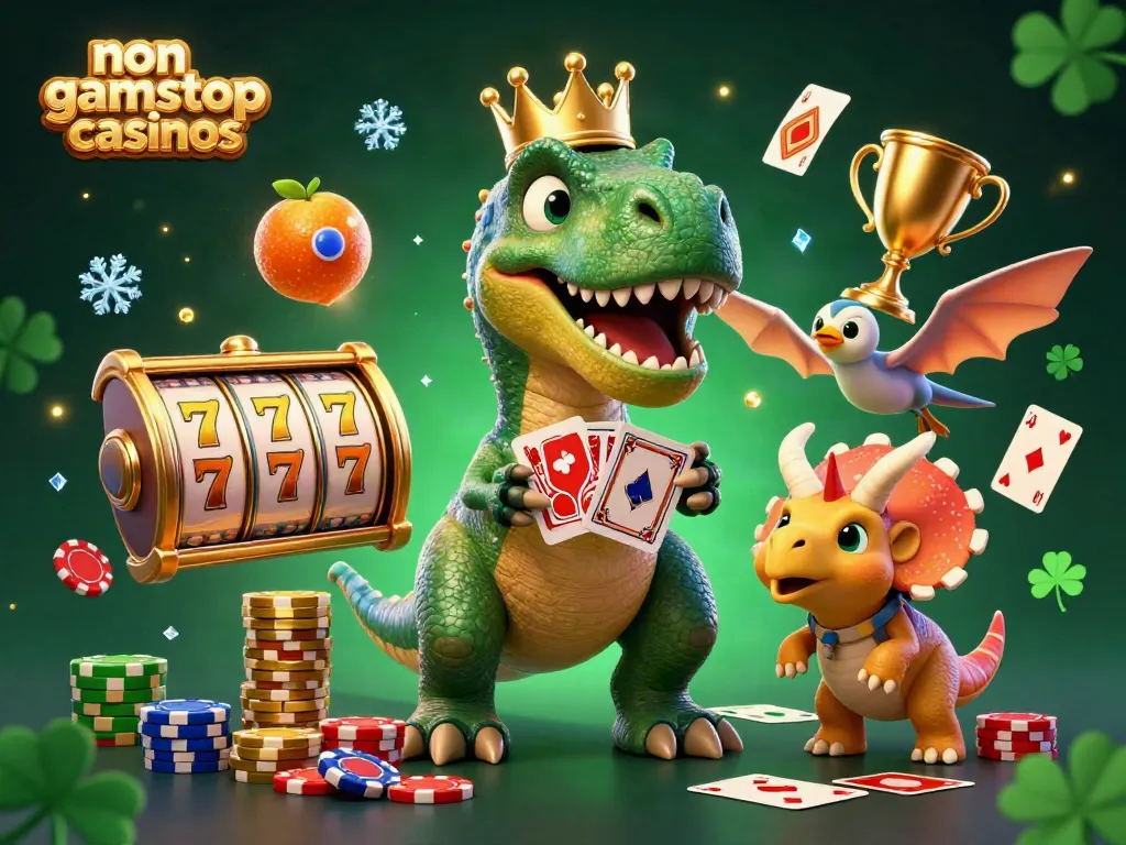 Engaging scene of non gamstop casinos with friendly dinosaur characters playing cards and stacking chips in an animated casino atmosphere.