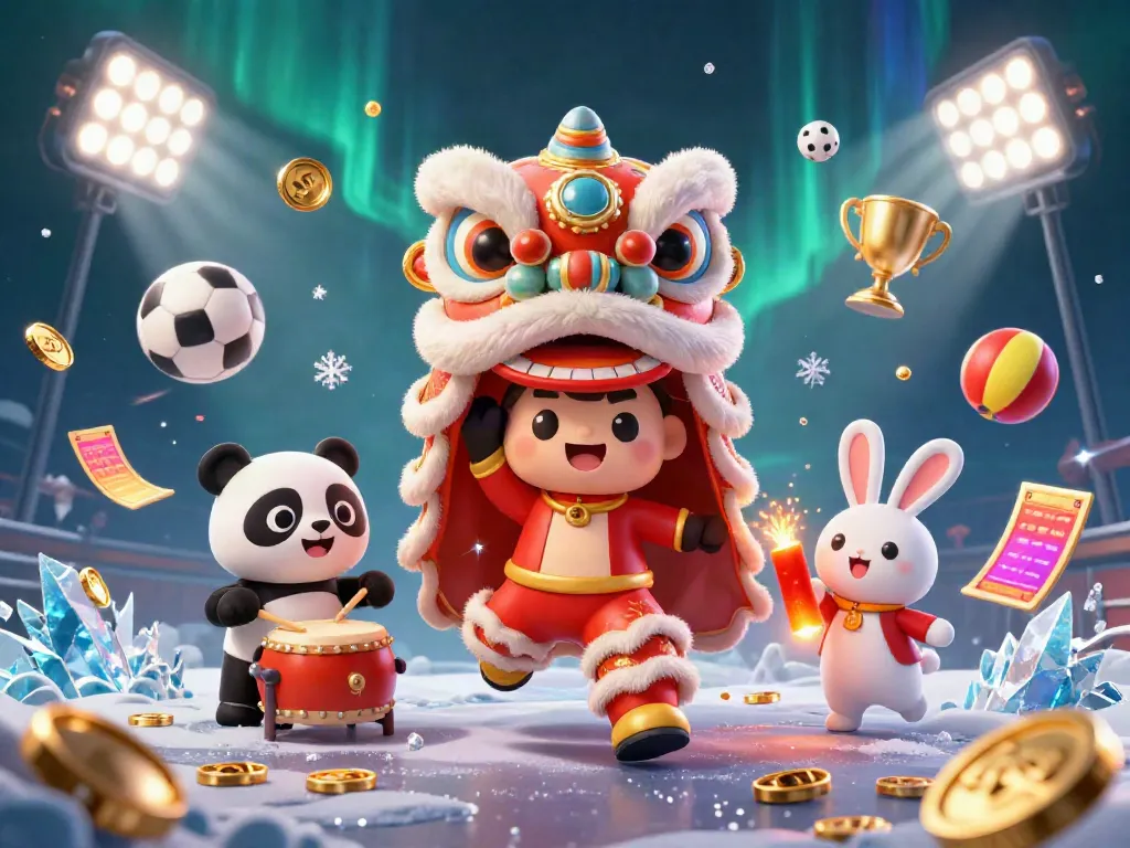 SUNWIN showcases a vibrant scene with a lion dance, drumming panda, and colorful sports elements, highlighting a festive atmosphere.