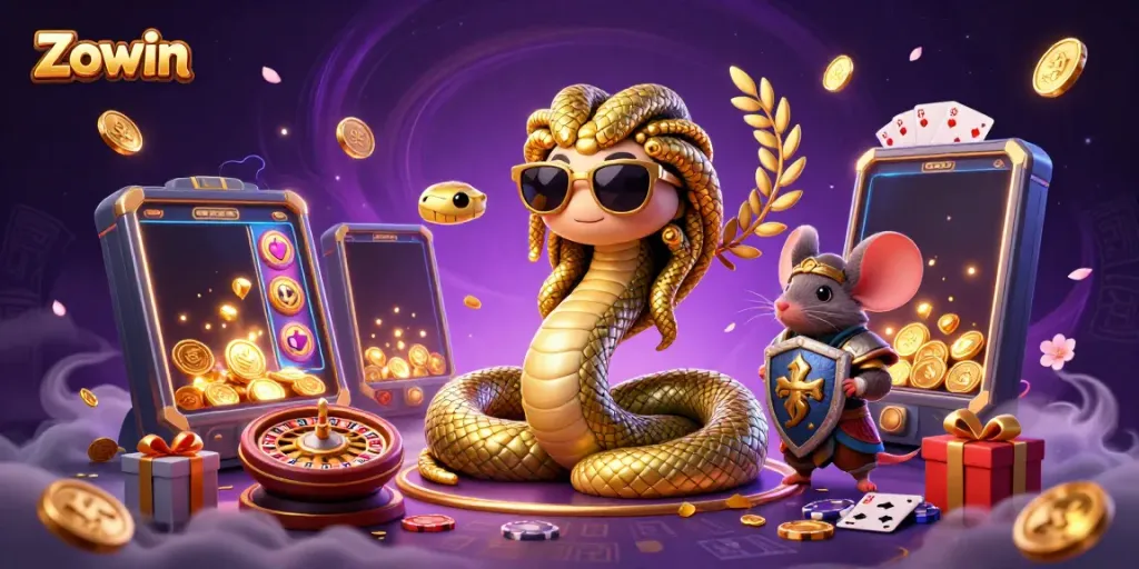 Zowin engages players with a dynamic casino scene featuring vibrant characters and rich gaming elements.