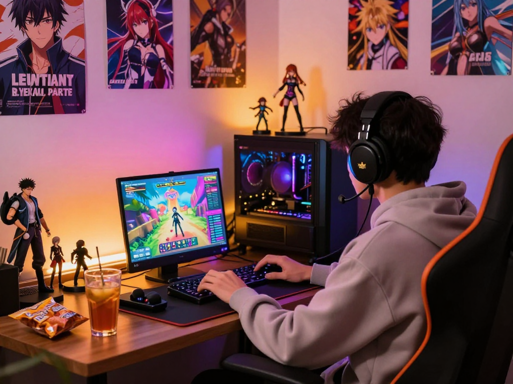 Engaging hentai game experience with a gamer immersed in gameplay