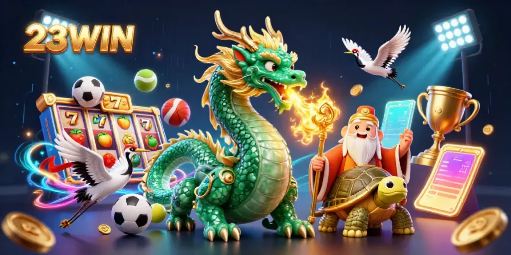 Experience the excitement of 23WIN casino with a vibrant 3D illustration of a dazzling dragon and gaming elements.