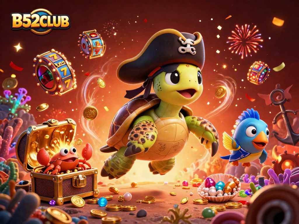 B52CLUB gaming scene with pirate turtle and slot reels amidst treasure, creating excitement