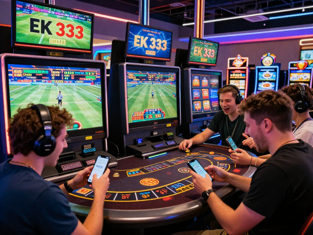 Engaged players placing bets at EK 333 online casino with live sports screens.