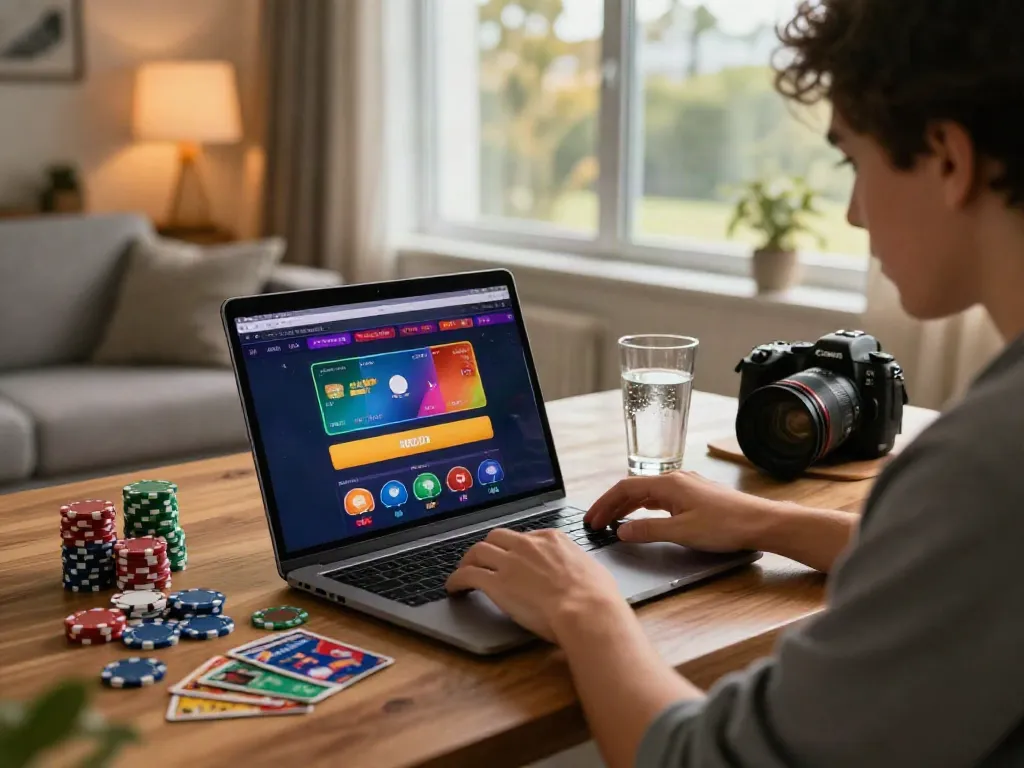 Engaged player at home using credit card deposit casinos on laptop with casino-themed items.