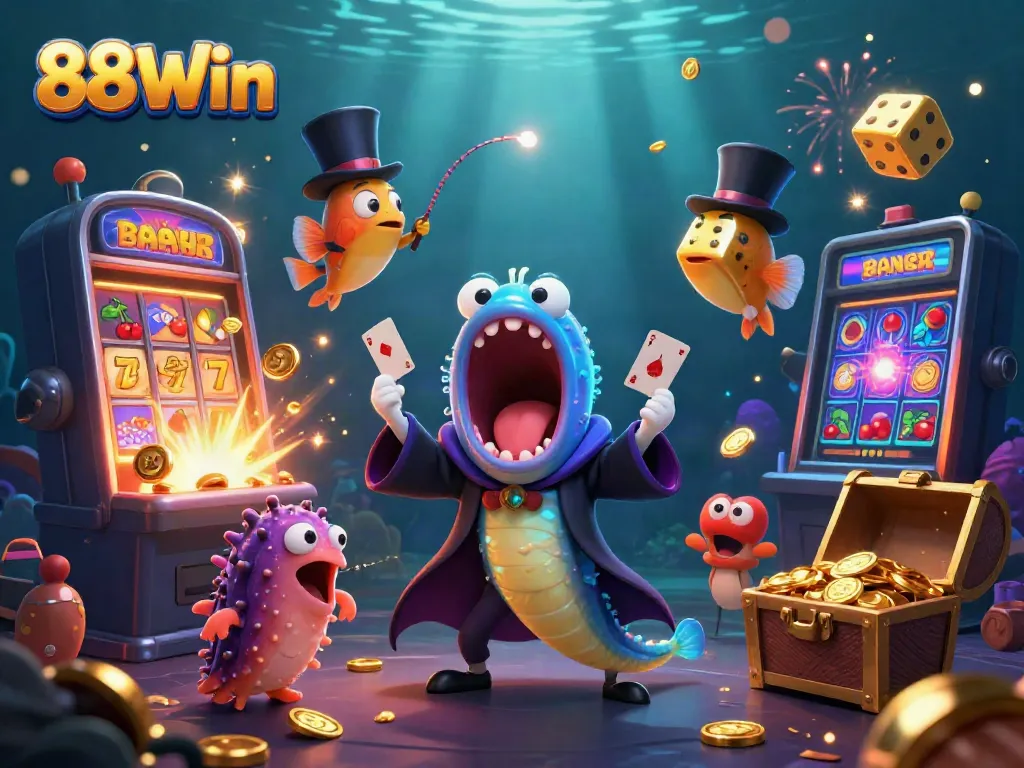 Experience 88Win's thrilling magic act with vibrant casino elements and charming sea creatures.
