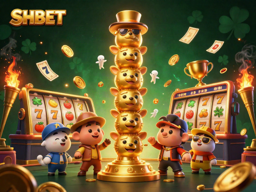 Experience the excitement of SHBET with dynamic slot games and a vibrant 3D casino scene.