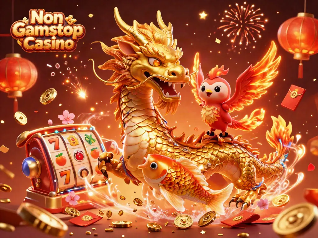 Engaging illustration featuring a Non Gamstop Casino with a dragon, phoenix, and koi fish amidst festive gaming elements.
