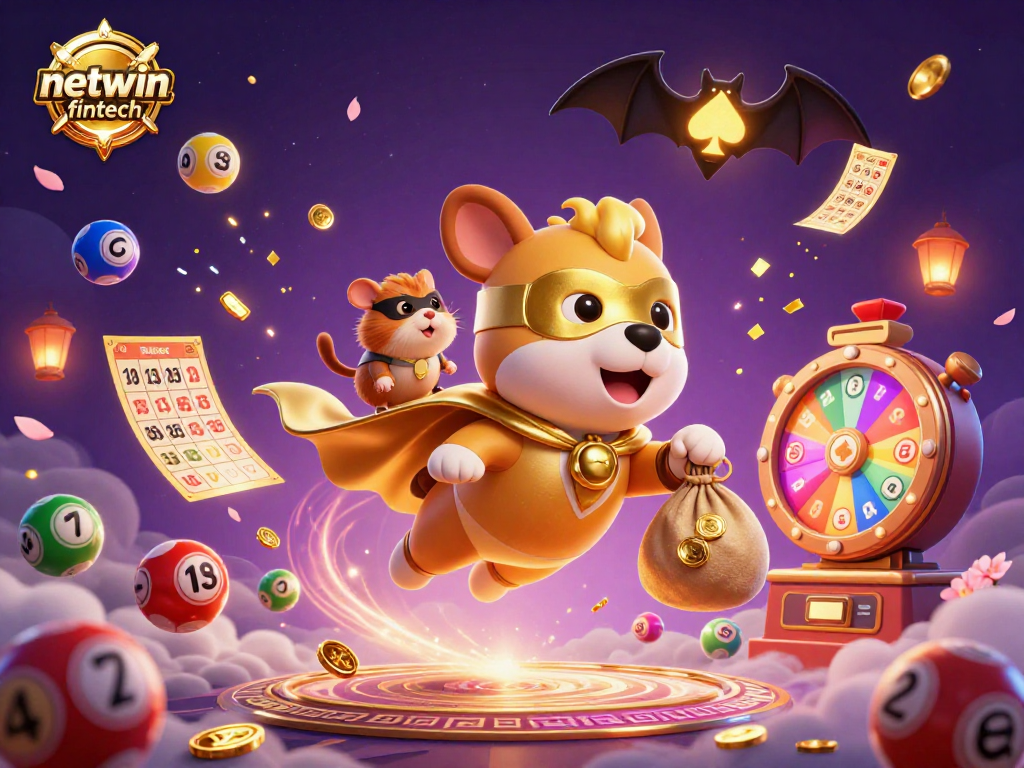 Witness the thrill of netwin fintech with a 3D superhero dog and vibrant casino elements.
