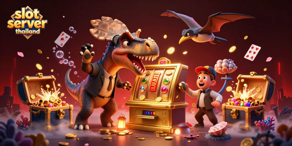 Experience the excitement of slot server thailand with a dynamic 3D scene featuring a dinosaur and a golden slot machine jackpot.