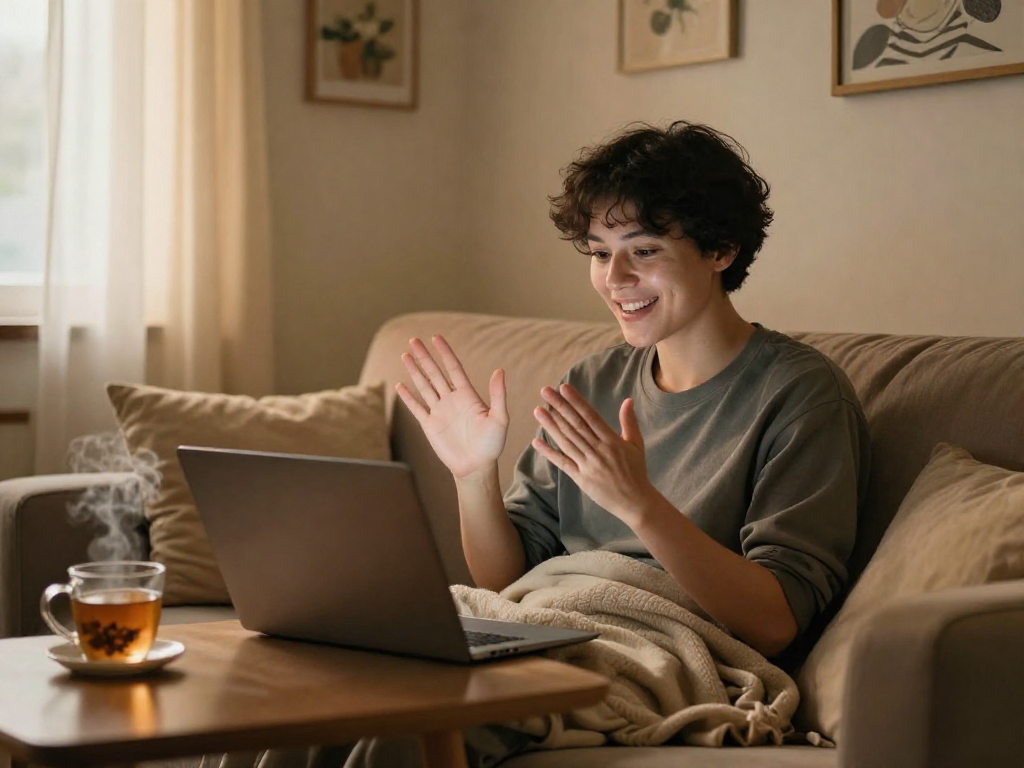 Engaging ai sex chat experience in a cozy room with warm lighting.