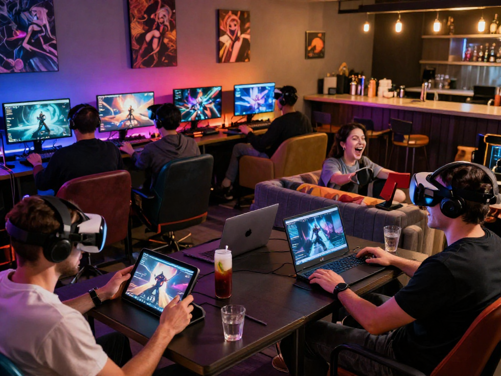 Excited adults enjoying a variety of adult games in a vibrant gaming lounge