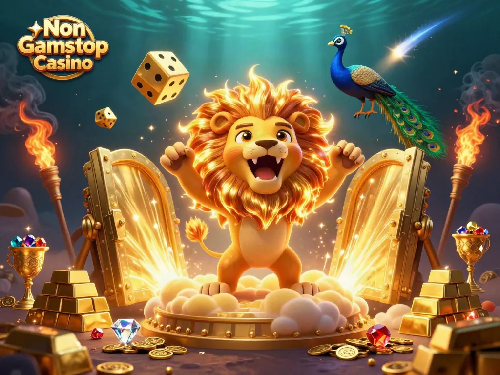Engage with exciting gameplay at a Non Gamstop Casino, featuring a vibrant 3D casino scene with a roaring lion.