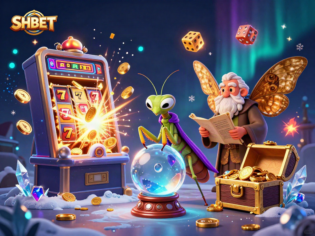 Experience SHBET's vibrant online casino atmosphere with dynamic slot elements and magical figures.