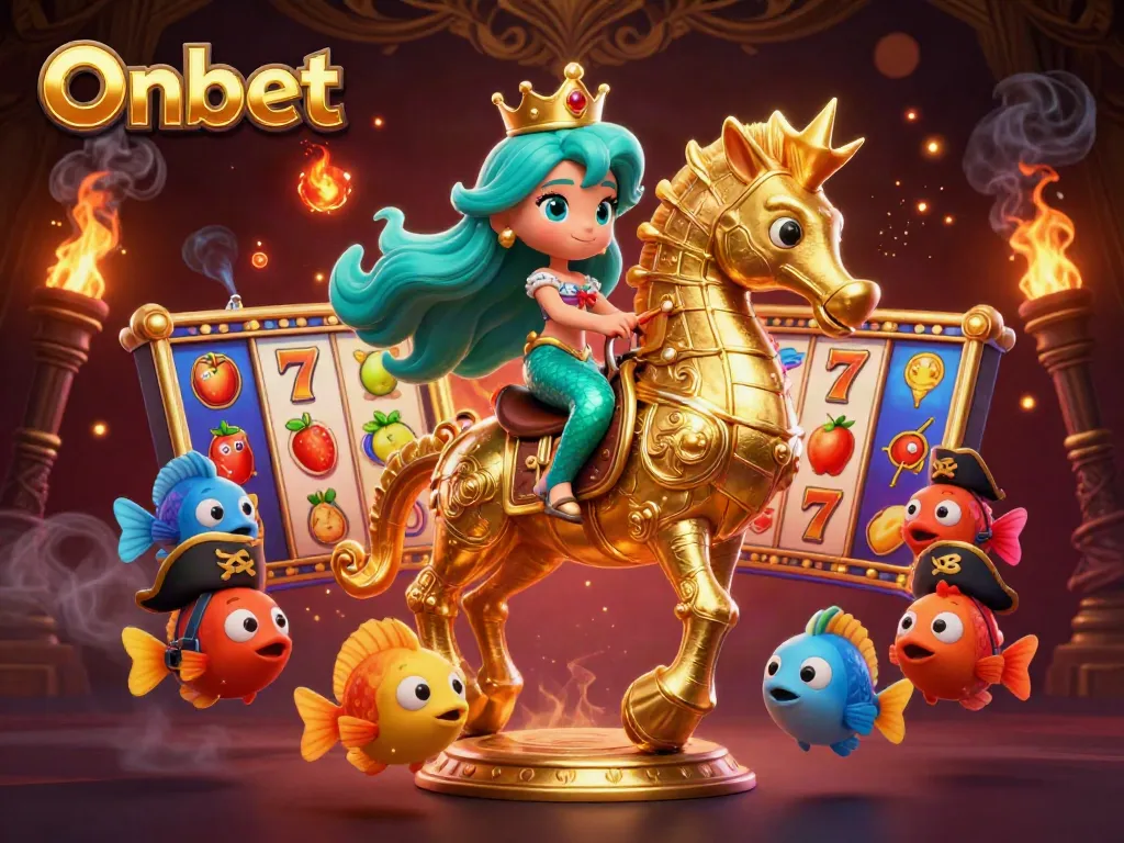 Experience casino excitement with Onbet's vibrant 3D mermaid princess scene featuring slot reels and colorful characters.