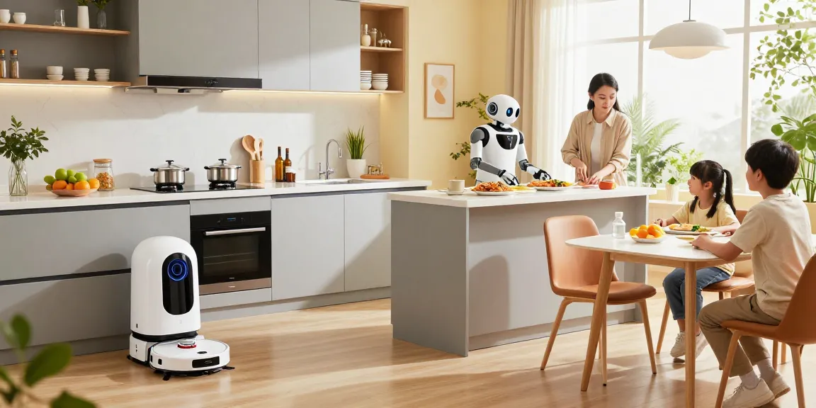 Home robot 2026 showcasing futuristic household automation in a modern kitchen with robots doing chores.