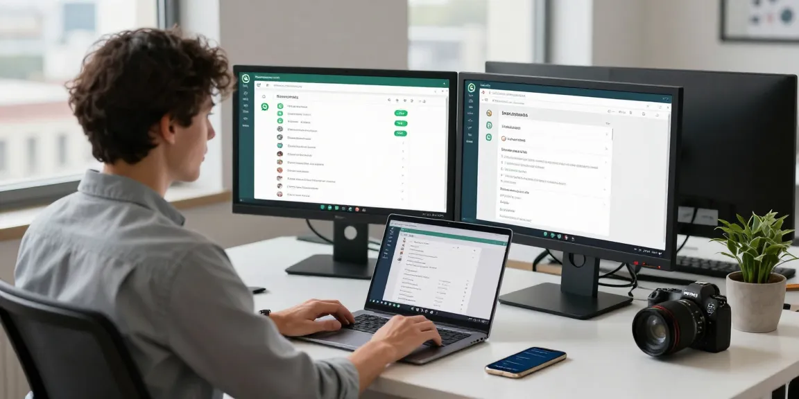 Person using WhatsApp電腦版 for video calls on dual monitors in a modern workspace.