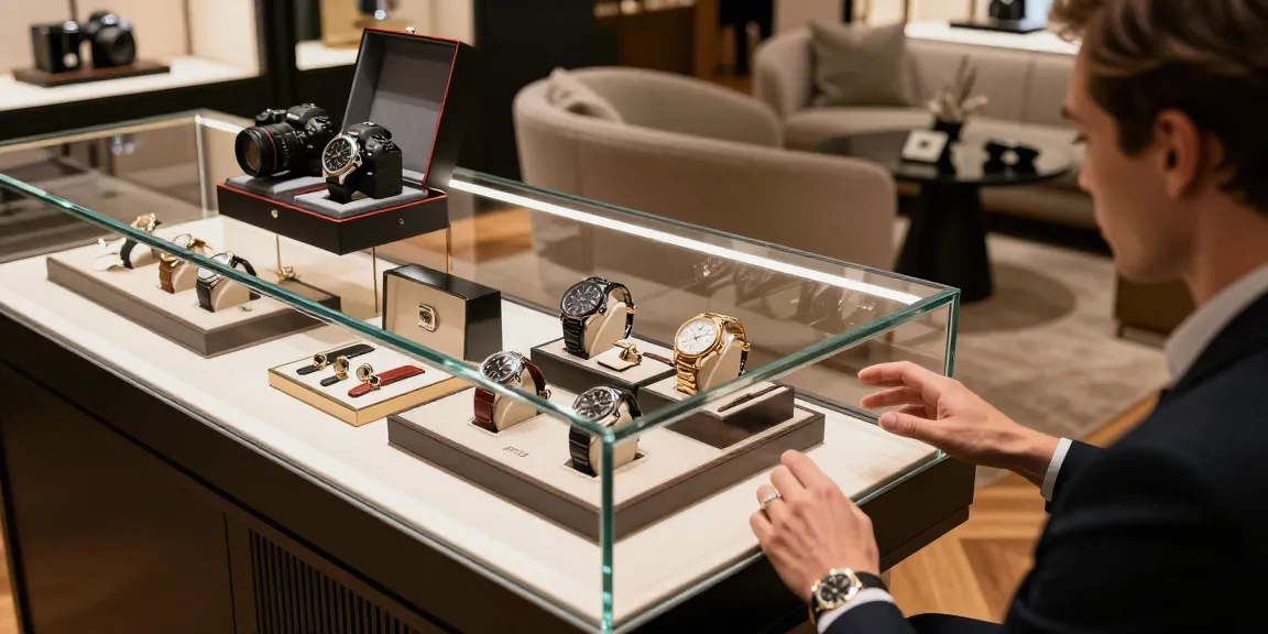Explore a luxury boutique showcasing exquisite clone watches with elegant accessories in an upscale setting.